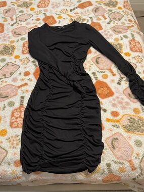 Fashion Nova Black Ruched Long-Sleeve Bodycon Dress